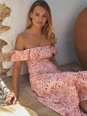 Misa Los Angeles Gemma Sunburst Pink Floral One-Shoulder Smocked Maxi Dress